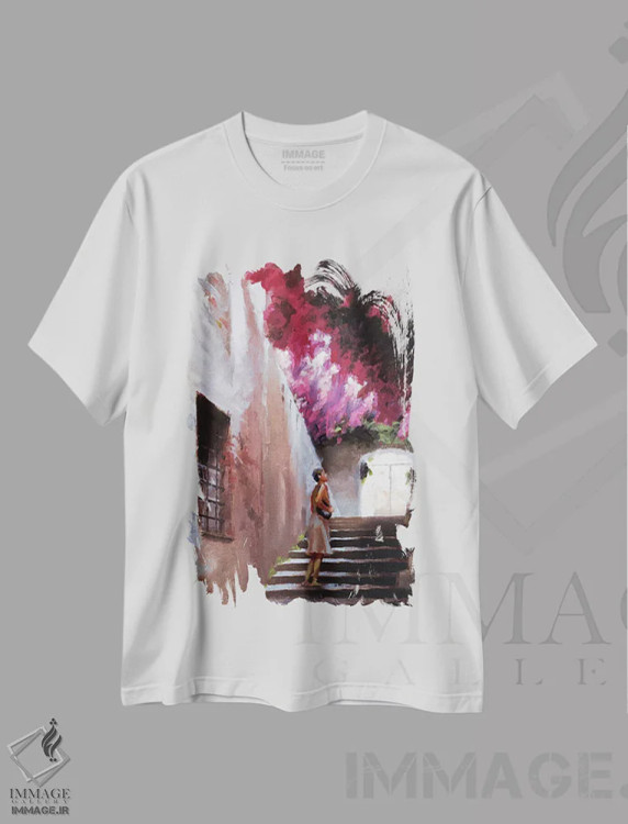 تیشرت سفید طرح دار گل کاغذی بوگنویلیا، هنر فاخر معاصر اثر کریستوفر کلارک | فروشگاه ایماژ