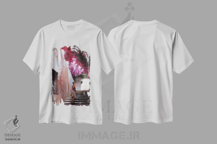 تیشرت سفید طرح دار گل کاغذی بوگنویلیا، هنر فاخر معاصر اثر کریستوفر کلارک | فروشگاه ایماژ