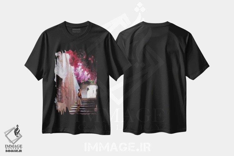 تیشرت مشکی طرح دار گل کاغذی بوگنویلیا، هنر فاخر معاصر اثر کریستوفر کلارک | immage.ir
