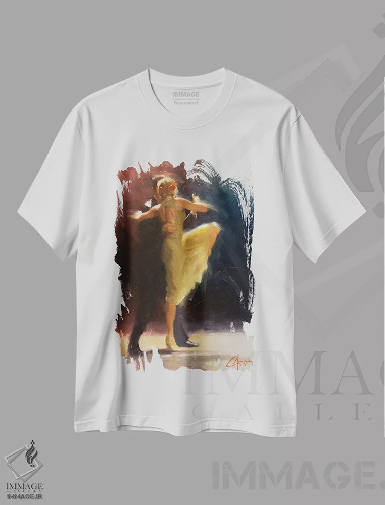 تیشرت سفید طرح دار تانگوی آبی، هنر فاخر معاصر اثر کریستوفر کلارک | immage.ir