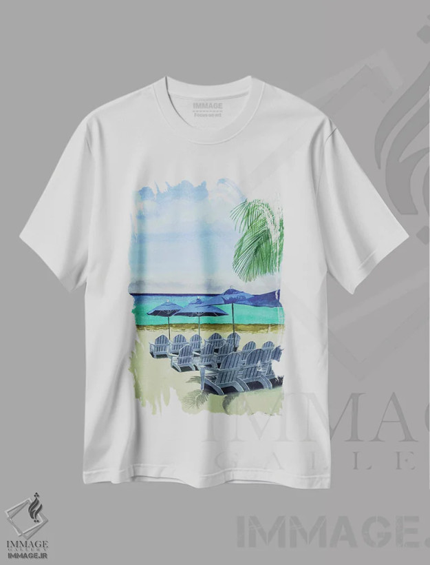 تیشرت سفید طرح دار کلبهٔ کوزومل، دکور ساحلی اثر کوری کلیفورد | فروشگاه ایماژ