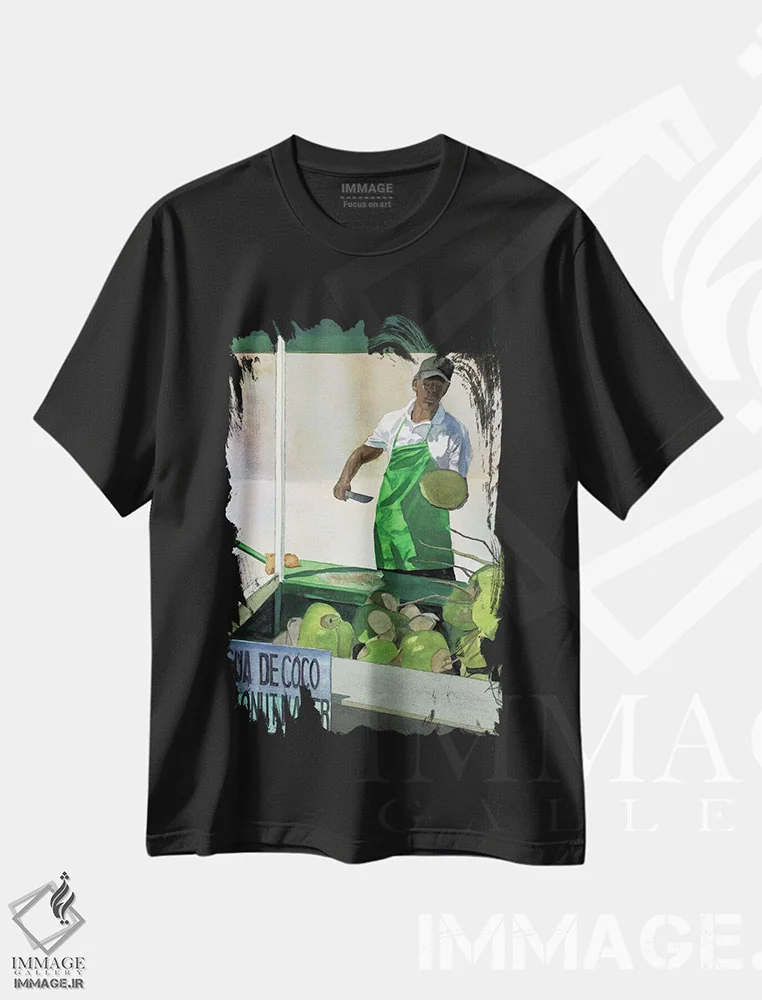 تیشرت مشکی طرح دار آب نارگیل، هنر فاخر معاصر اثر کوری کلیفورد | فروشگاه ایماژ