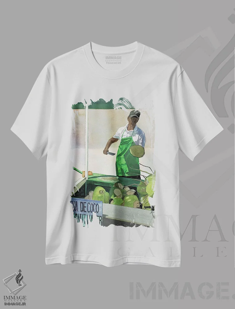 تیشرت سفید طرح دار آب نارگیل، هنر فاخر معاصر اثر کوری کلیفورد | immage.ir