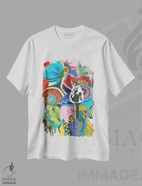 تیشرت سفید طرح دار هم نشینی گربهٔ موو، آبستره اثر کانی کالم | فروشگاه ایماژ