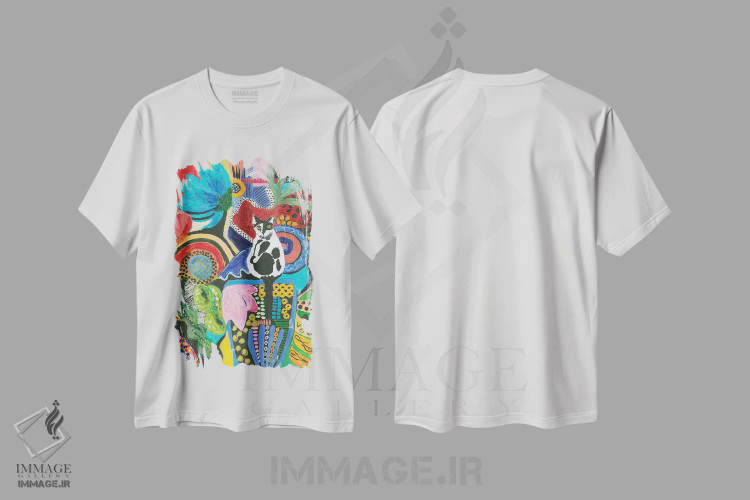 تیشرت سفید طرح دار هم نشینی گربهٔ موو، آبستره اثر کانی کالم | فروشگاه ایماژ