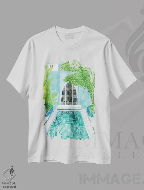 تیشرت سفید طرح دار ریاض آبی، تزئینی اثر کارولین چسیا | فروشگاه ایماژ