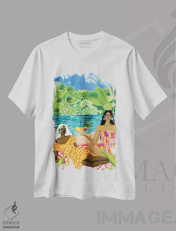 تیشرت سفید طرح دار بانوان کنار رودخانه، هنر آمریکایی آفریقایی تبار اثر کارولین چسیا | فروشگاه ایماژ