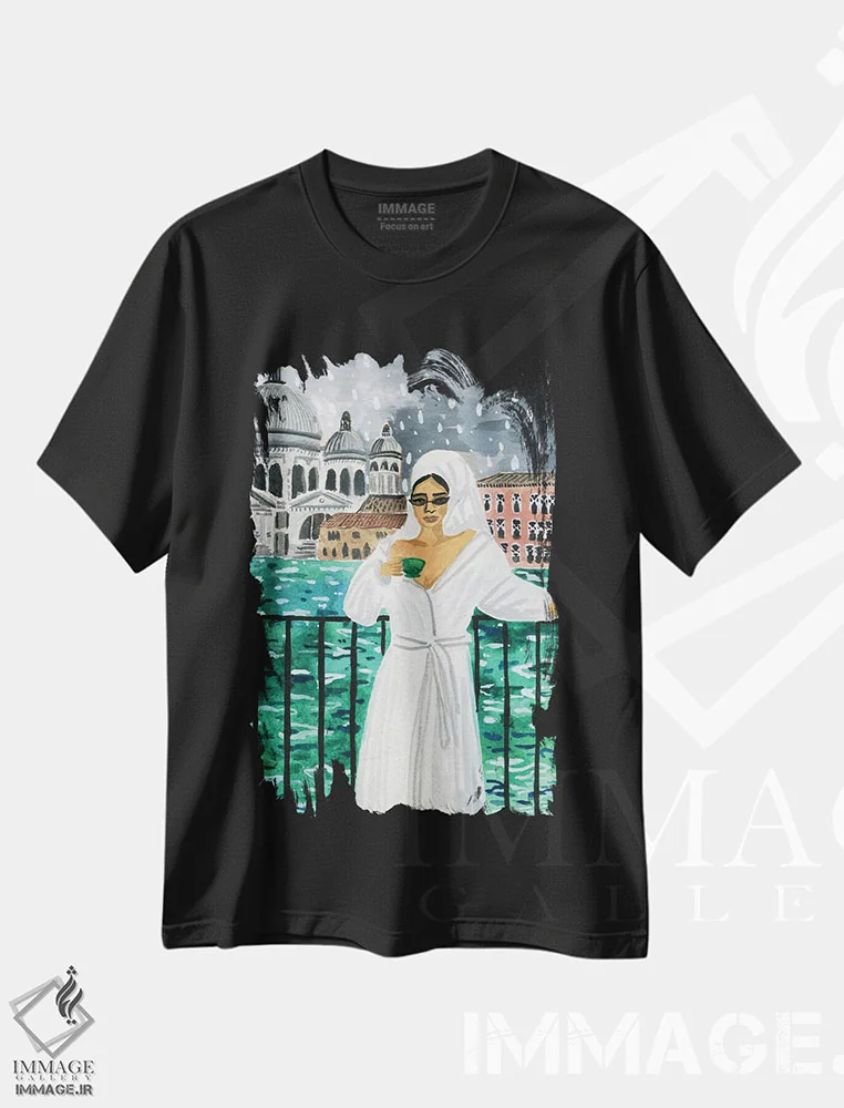 تیشرت مشکی طرح دار وقتی در ونیز هستی، مدیوم اثر کارولین چسیا | فروشگاه ایماژ