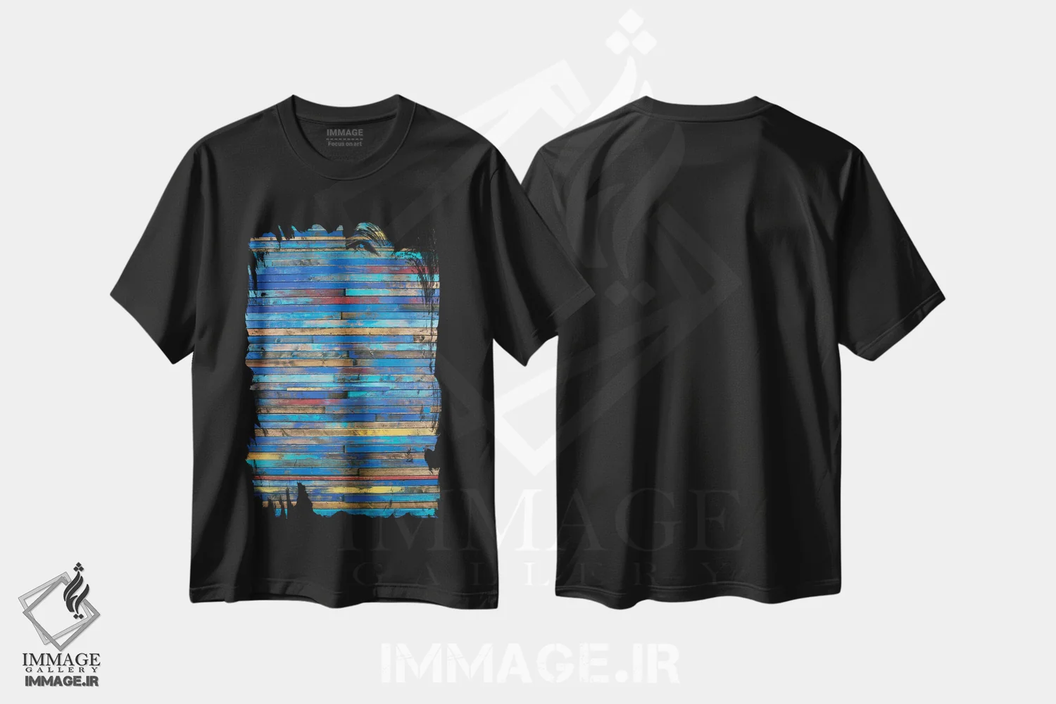 تیشرت مشکی طرح دار تخته چوبی چندرنگ اثر جی لاندو | فروشگاه ایماژ