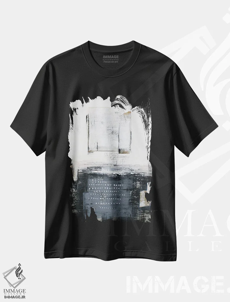 تیشرت مشکی طرح دار نسخه های خطی عمودی اثر جی لاندو | فروشگاه ایماژ