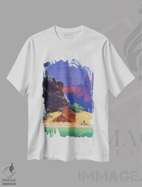 تیشرت سفید طرح دار میان سنگ و سختی، هنر فاخر معاصر اثر کدی دی لانگ | فروشگاه ایماژ