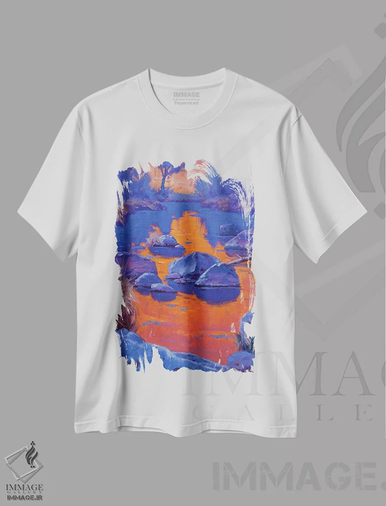 تیشرت سفید طرح دار مطالعه در نارنجی و آبی، هنر فاخر معاصر اثر کدی دی لانگ | immage.ir