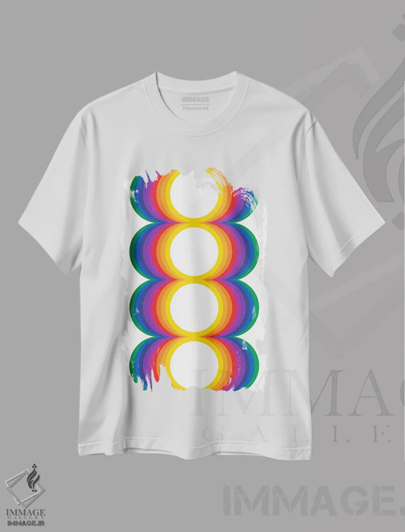 تیشرت سفید طرح دار کُره های رنگین کمانی، آبستره اثر دیزاینز سرکا ۷۸ | فروشگاه ایماژ