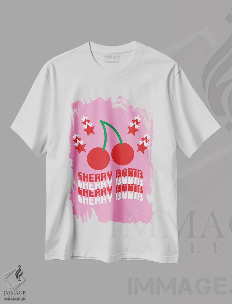 تیشرت سفید طرح دار بمب گیلاس، هنر دیجیتال اثر دیزاینز سرکا ۷۸ | فروشگاه ایماژ