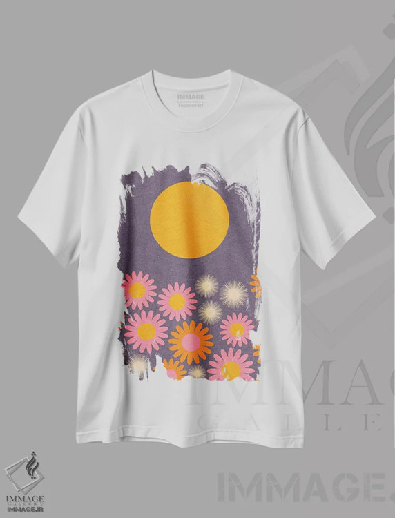 تیشرت سفید طرح دار بهار نزدیک است، آبستره اثر دیزاینز سرکا ۷۸ | فروشگاه ایماژ