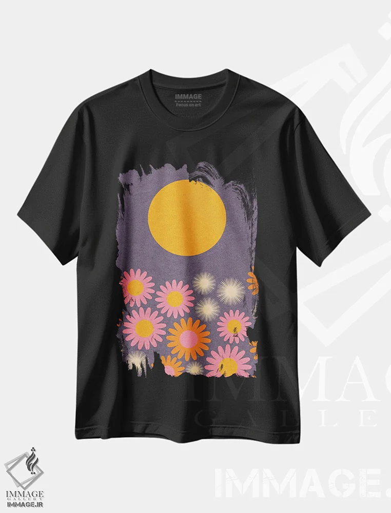 تیشرت مشکی طرح دار بهار نزدیک است، آبستره اثر دیزاینز سرکا ۷۸ | immage.ir
