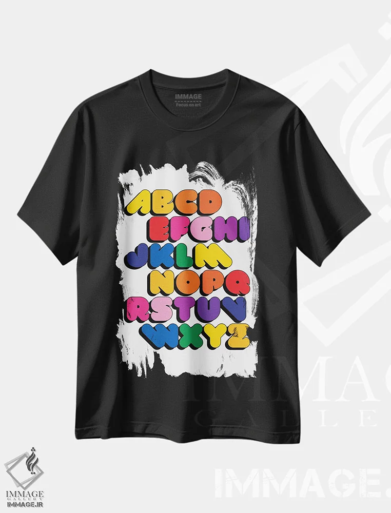 تیشرت مشکی طرح دار آلفابیتس، تزئینی اثر دیزاینز سرکا ۷۸ | فروشگاه ایماژ