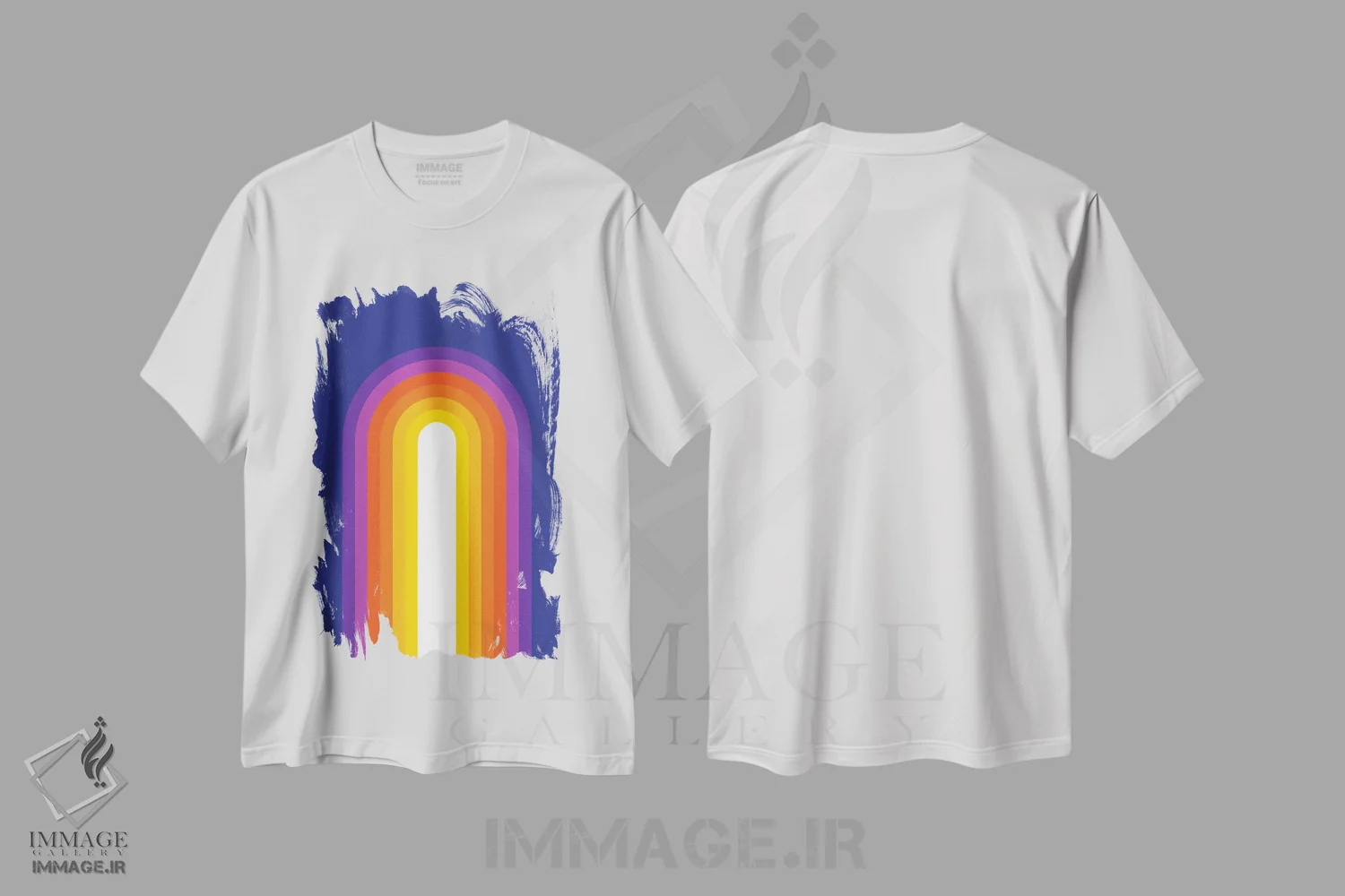 تیشرت سفید طرح دار رنگین کمان آبی کلاسیک، هنر دیجیتال اثر دیزاینز سرکا ۷۸ | فروشگاه ایماژ