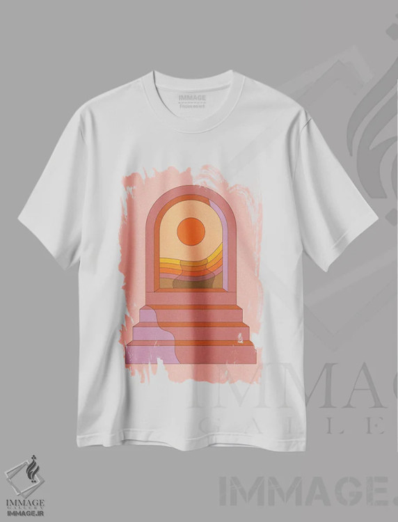 تیشرت سفید طرح دار غروب قوسی شکل، تزئینی اثر دیزاینز سرکا ۷۸ | فروشگاه ایماژ