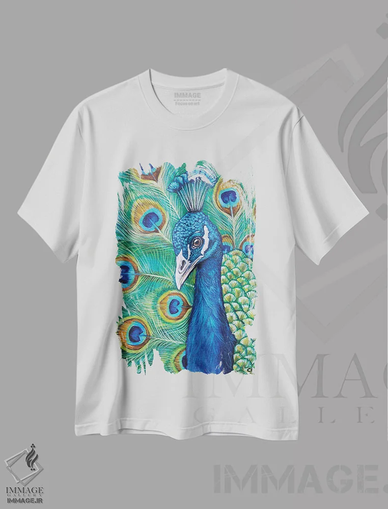 تیشرت سفید طرح دار طاووس اثر سیندی دودس | فروشگاه ایماژ