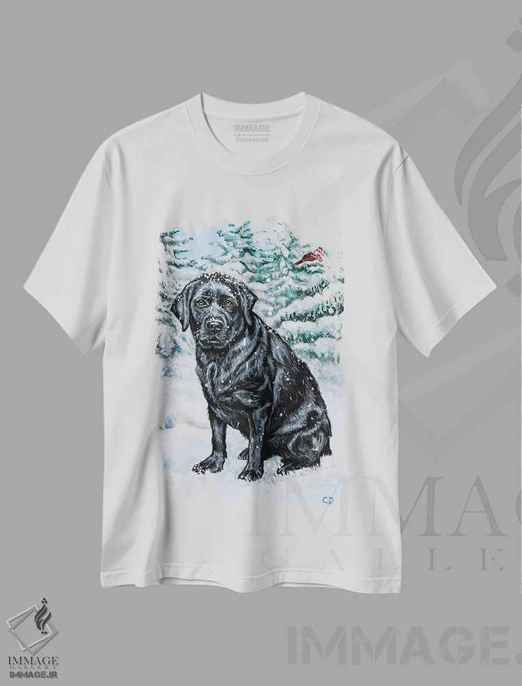 تیشرت سفید طرح دار لابرادور سیاه برفی اثر سیندی دودس | immage.ir