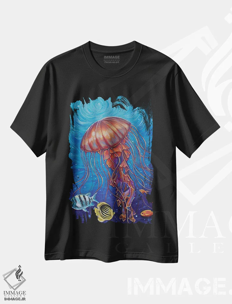 تیشرت مشکی طرح دار عروس دریایی، دکور ساحلی اثر سیندی دودس | فروشگاه ایماژ