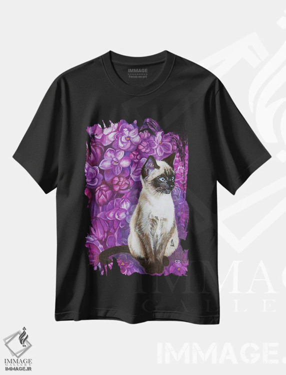 تیشرت مشکی طرح دار گربه با لیلاک ها، مدیوم اثر سیندی دودس | immage.ir