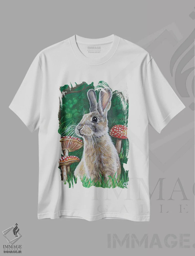 تیشرت سفید طرح دار خرگوش با قارچ ها، تزئینی اثر سیندی دودس | فروشگاه ایماژ