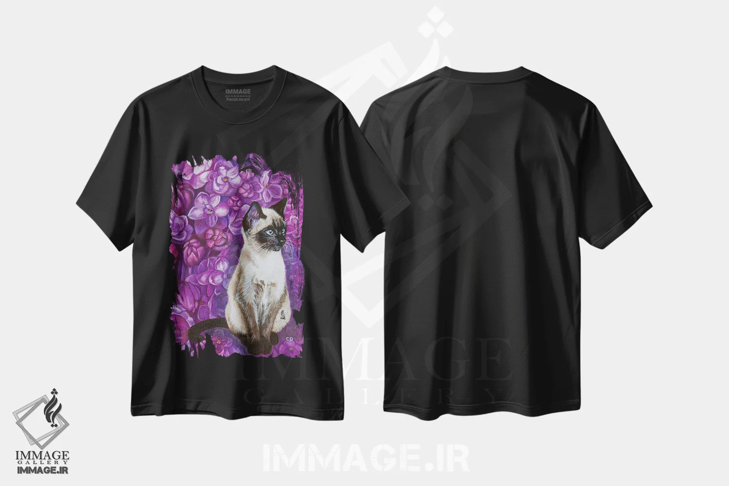 تیشرت مشکی طرح دار گربه با لیلاک ها، مدیوم اثر سیندی دودس | immage.ir