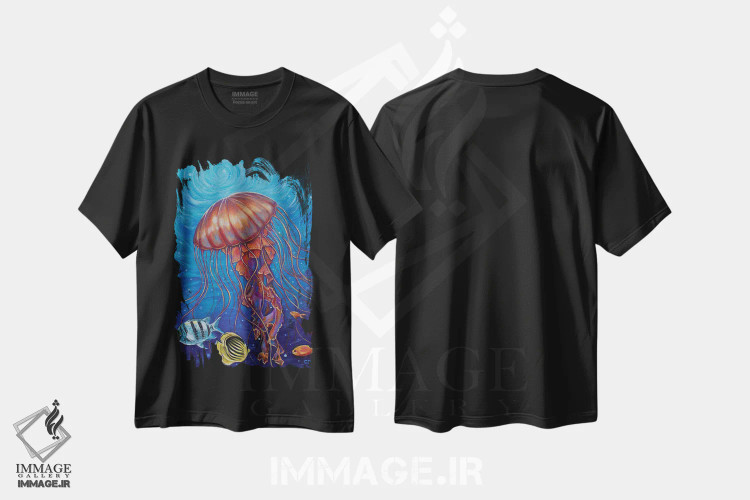 تیشرت مشکی طرح دار عروس دریایی، دکور ساحلی اثر سیندی دودس | فروشگاه ایماژ