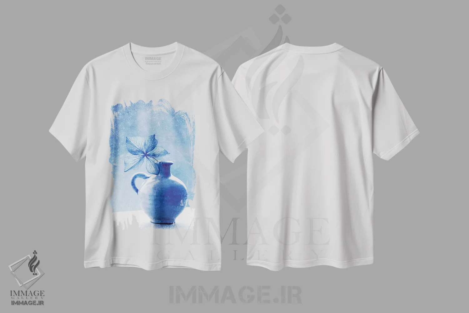 تیشرت سفید طرح دار طبیعت بی جان هورتنزیا آبی، عکاسی هنری فاخر اثر کلودیا دروسرت | immage.ir