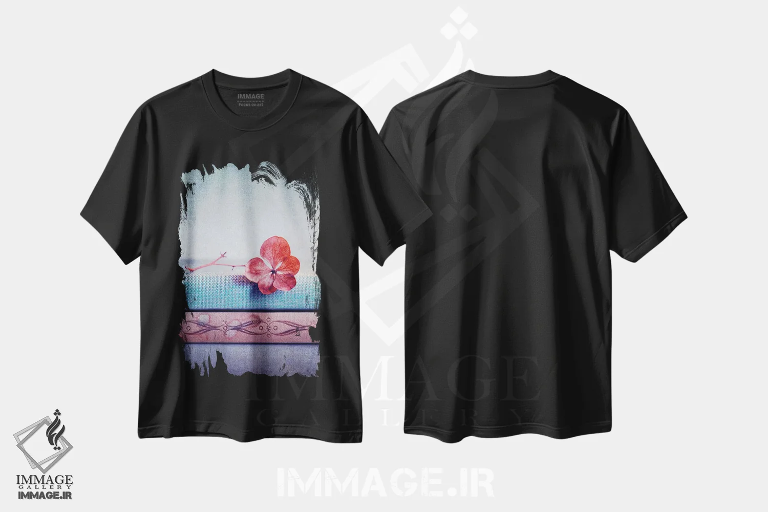 تیشرت مشکی طرح دار هورتنسیا صورتی II، تزئینی اثر کلودیا دروسرت | فروشگاه ایماژ