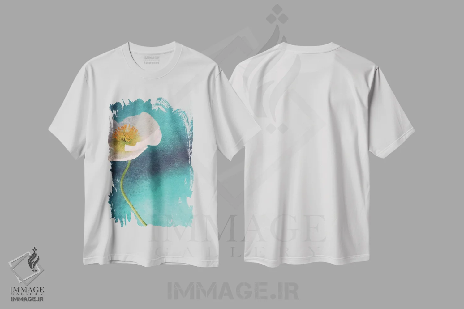 تیشرت سفید طرح دار شقایق آبی، مدیوم اثر کلودیا دروسرت | فروشگاه ایماژ