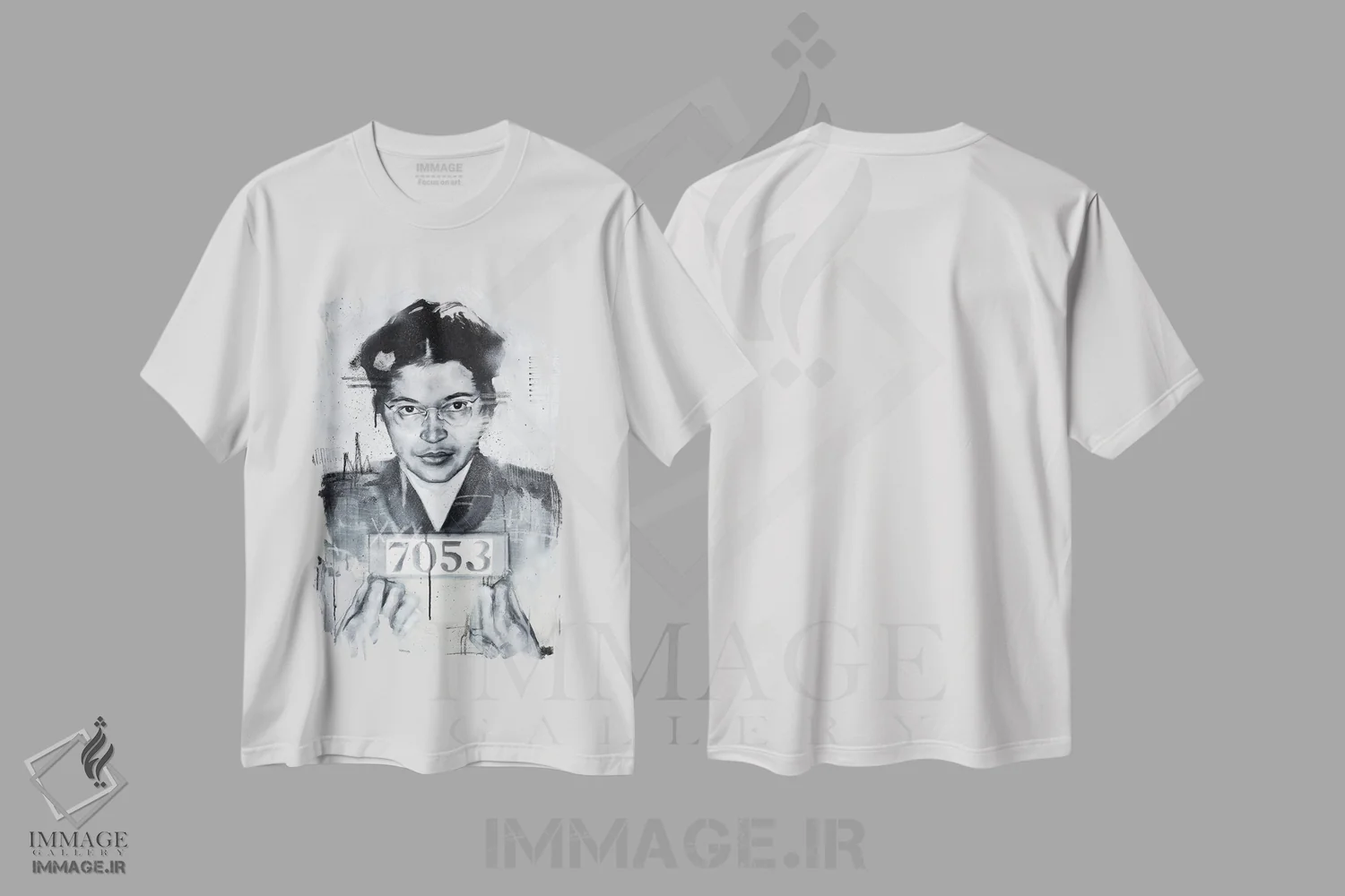 تیشرت سفید طرح دار رزا پارکس، هنر فاخر معاصر اثر کدی سن | immage.ir
