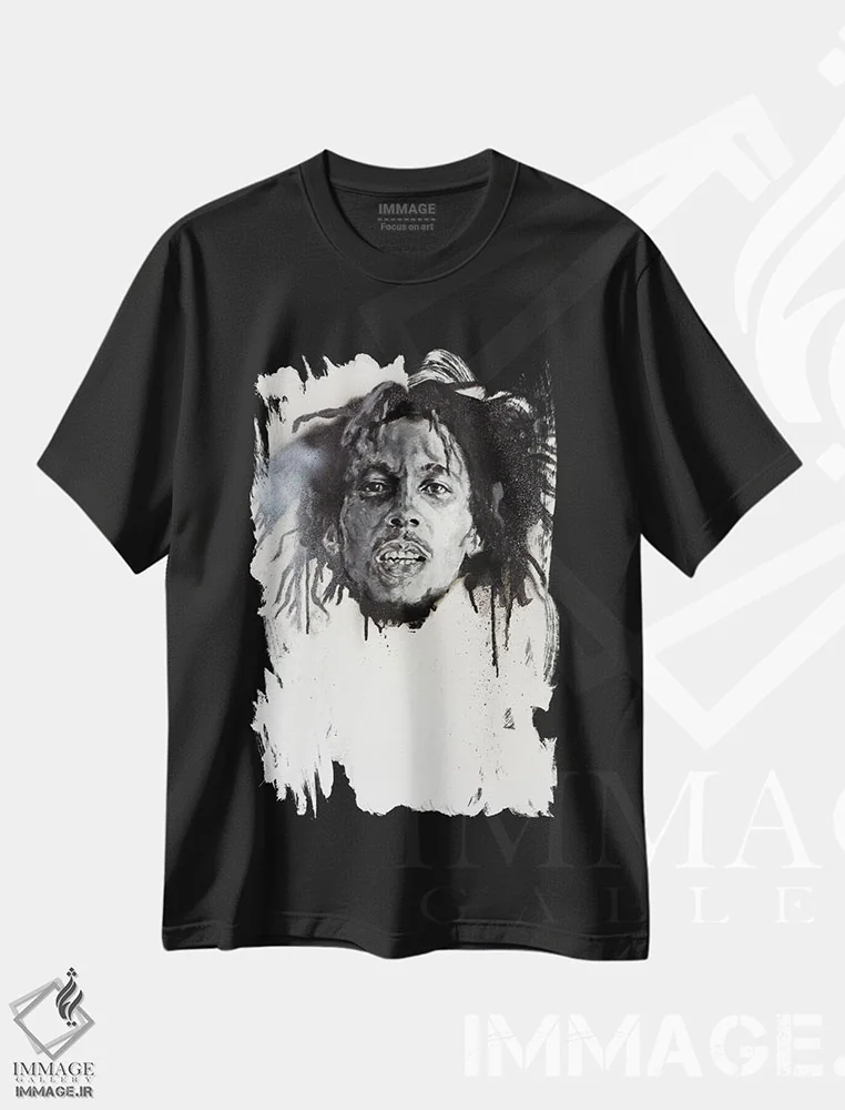 تیشرت مشکی طرح دار باب مارلی، هنر آمریکایی آفریقایی تبار اثر کدی سن | فروشگاه ایماژ