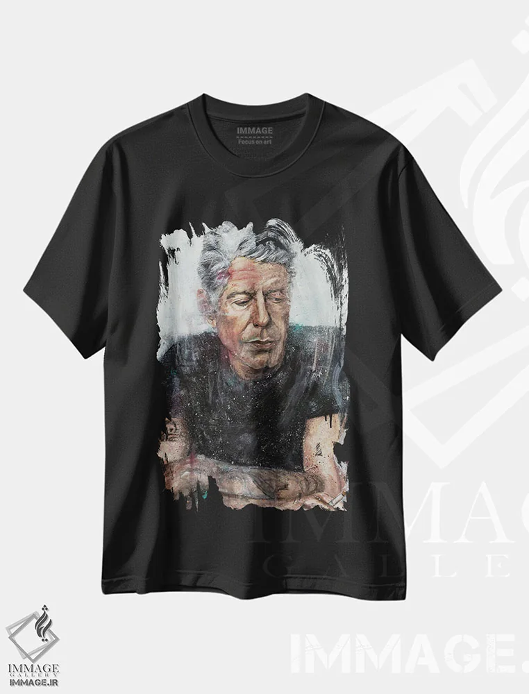 تیشرت مشکی طرح دار آنتونی بوردین، هنر فاخر معاصر اثر کدی سن | فروشگاه ایماژ