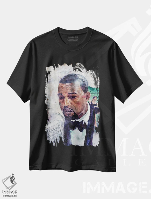 تیشرت مشکی طرح دار کانیه، آهنگ "ران اوی"، هنر آمریکایی آفریقایی تبار اثر کدی سن | فروشگاه ایماژ