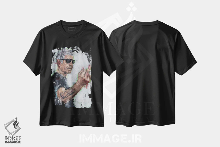 تیشرت مشکی طرح دار آنتونی بوردین در حال پشت و رو کردن، هنر فاخر معاصر اثر کدی سن | فروشگاه ایماژ
