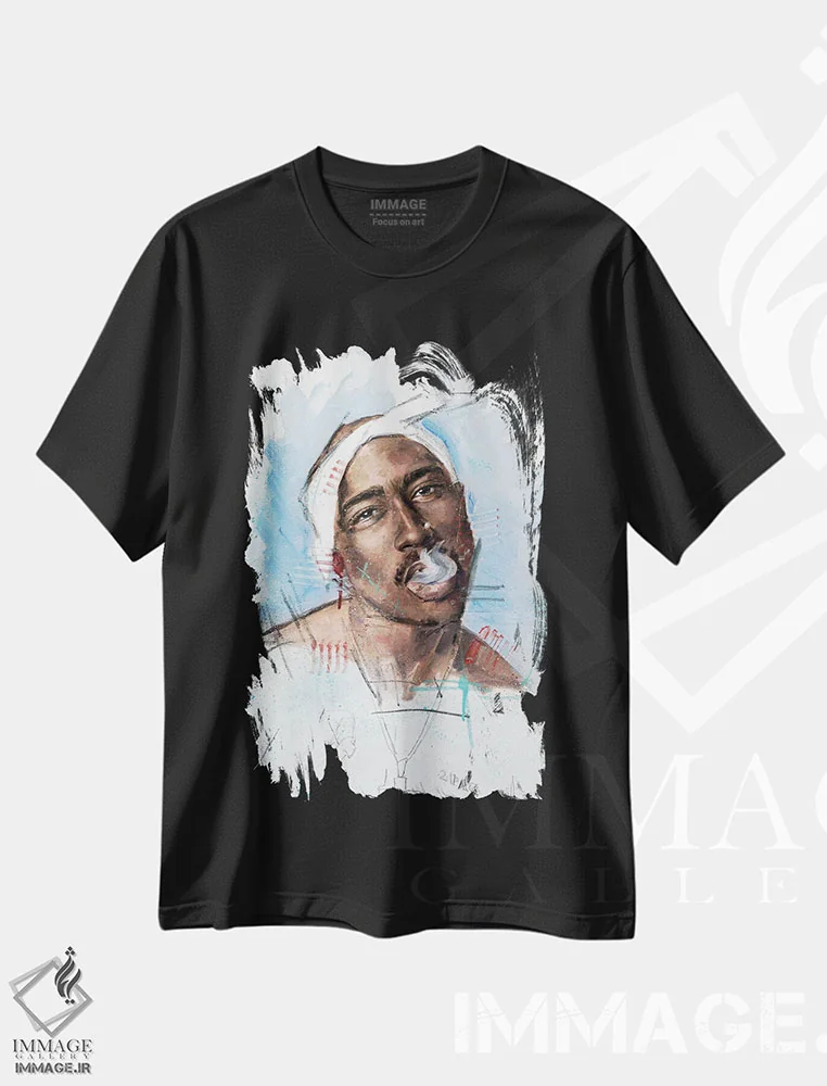 تیشرت مشکی طرح دار توپاک، هنر آمریکایی آفریقایی تبار اثر کدی سن | فروشگاه ایماژ