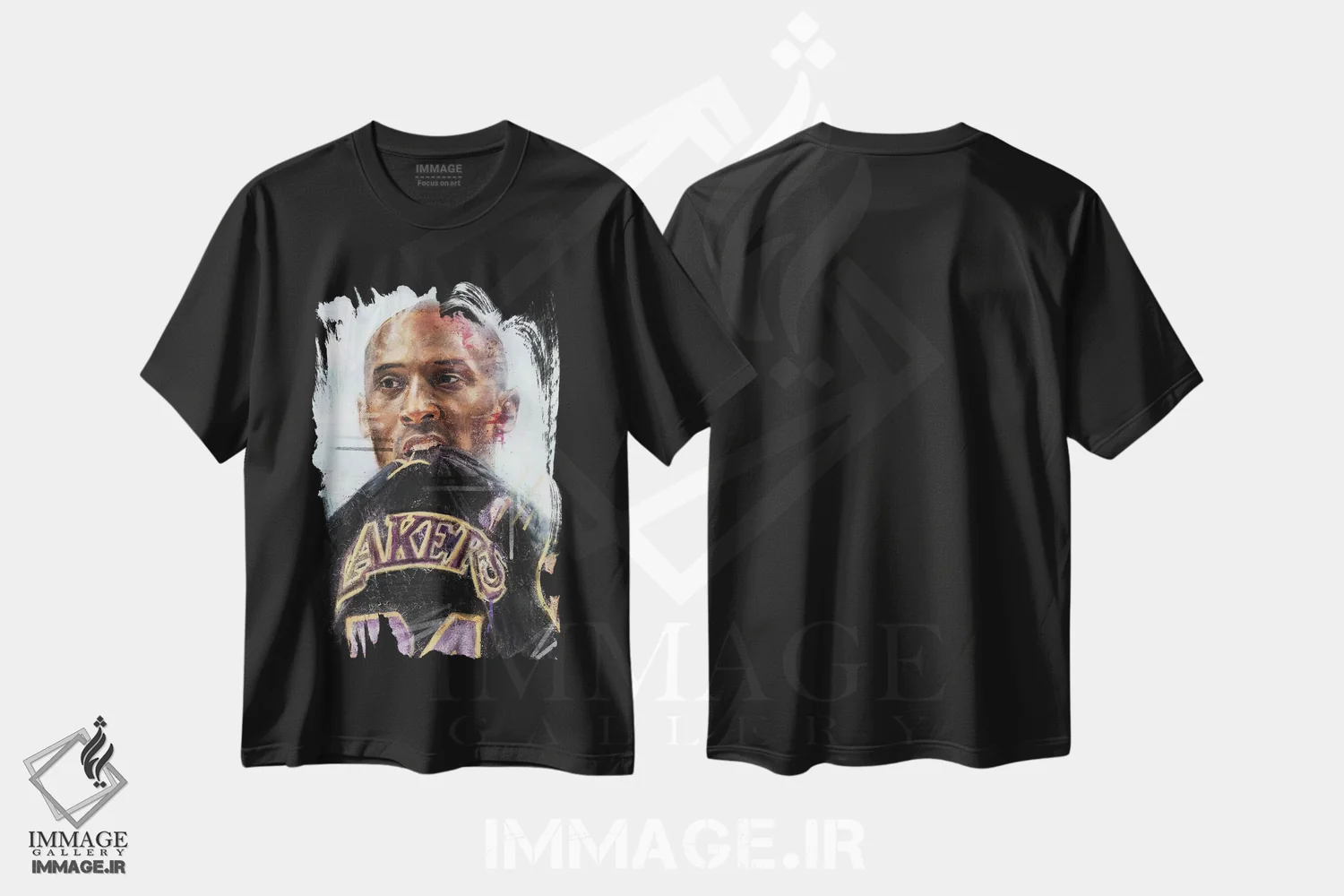 تیشرت مشکی طرح دار کوبه برایانت در حال گاز گرفتن پیراهن، هنر آمریکایی آفریقایی تبار اثر کدی سن | immage.ir