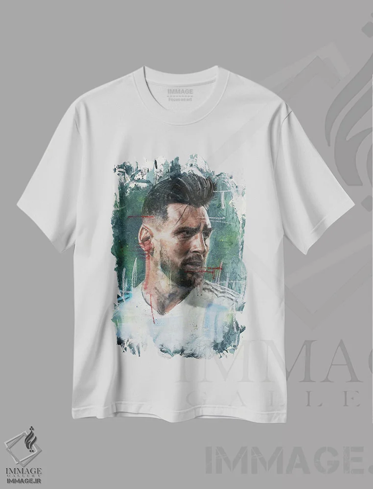 تیشرت سفید طرح دار لیونل مسی، هنر فاخر معاصر اثر کدی سن | فروشگاه ایماژ