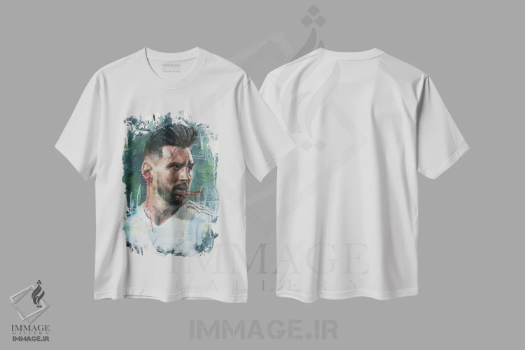 تیشرت سفید طرح دار لیونل مسی، هنر فاخر معاصر اثر کدی سن | فروشگاه ایماژ