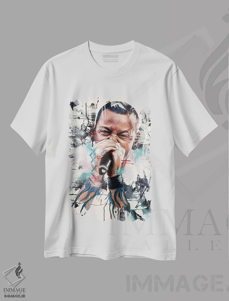 تیشرت سفید طرح دار چستر بنینگتون، هنر فاخر معاصر اثر کدی سن | immage.ir
