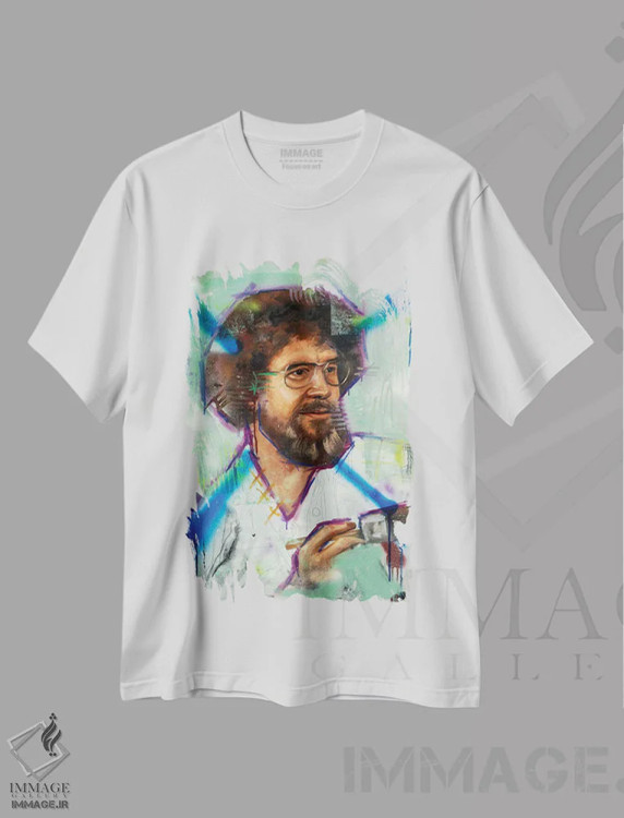 تیشرت سفید طرح دار باب راس، هنر فاخر معاصر اثر کدی سن | فروشگاه ایماژ