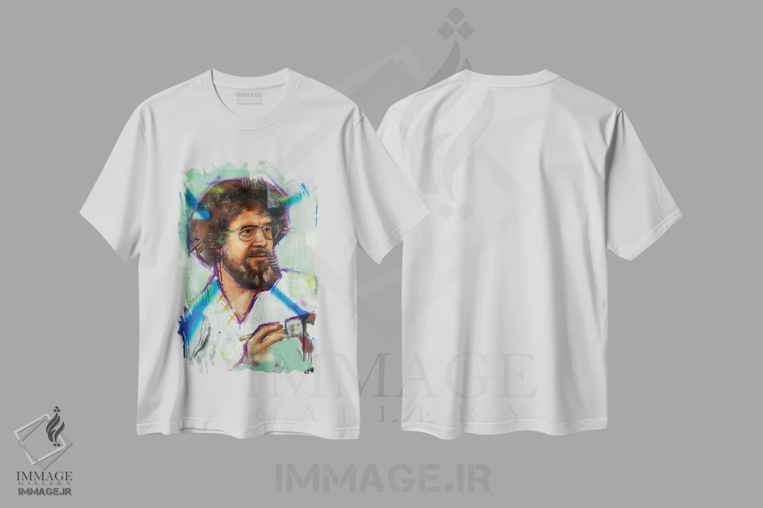 تیشرت سفید طرح دار باب راس، هنر فاخر معاصر اثر کدی سن | فروشگاه ایماژ