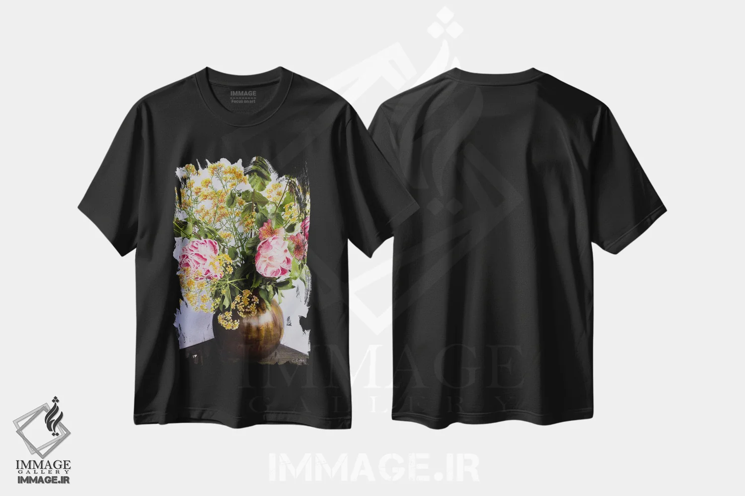 تیشرت مشکی طرح دار گل صدتومانی در گلدان، مدیوم اثر شارلوت ادر | فروشگاه ایماژ
