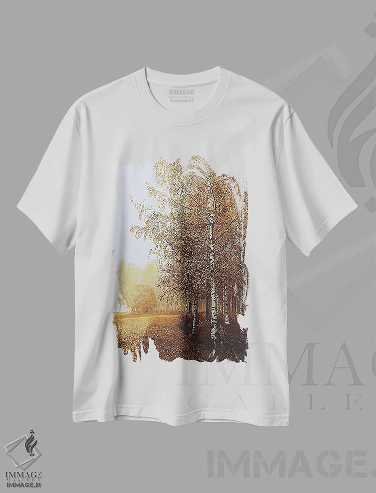 تیشرت سفید طرح دار چشم انداز طلایی، مدیوم اثر شارلوت ادر | فروشگاه ایماژ