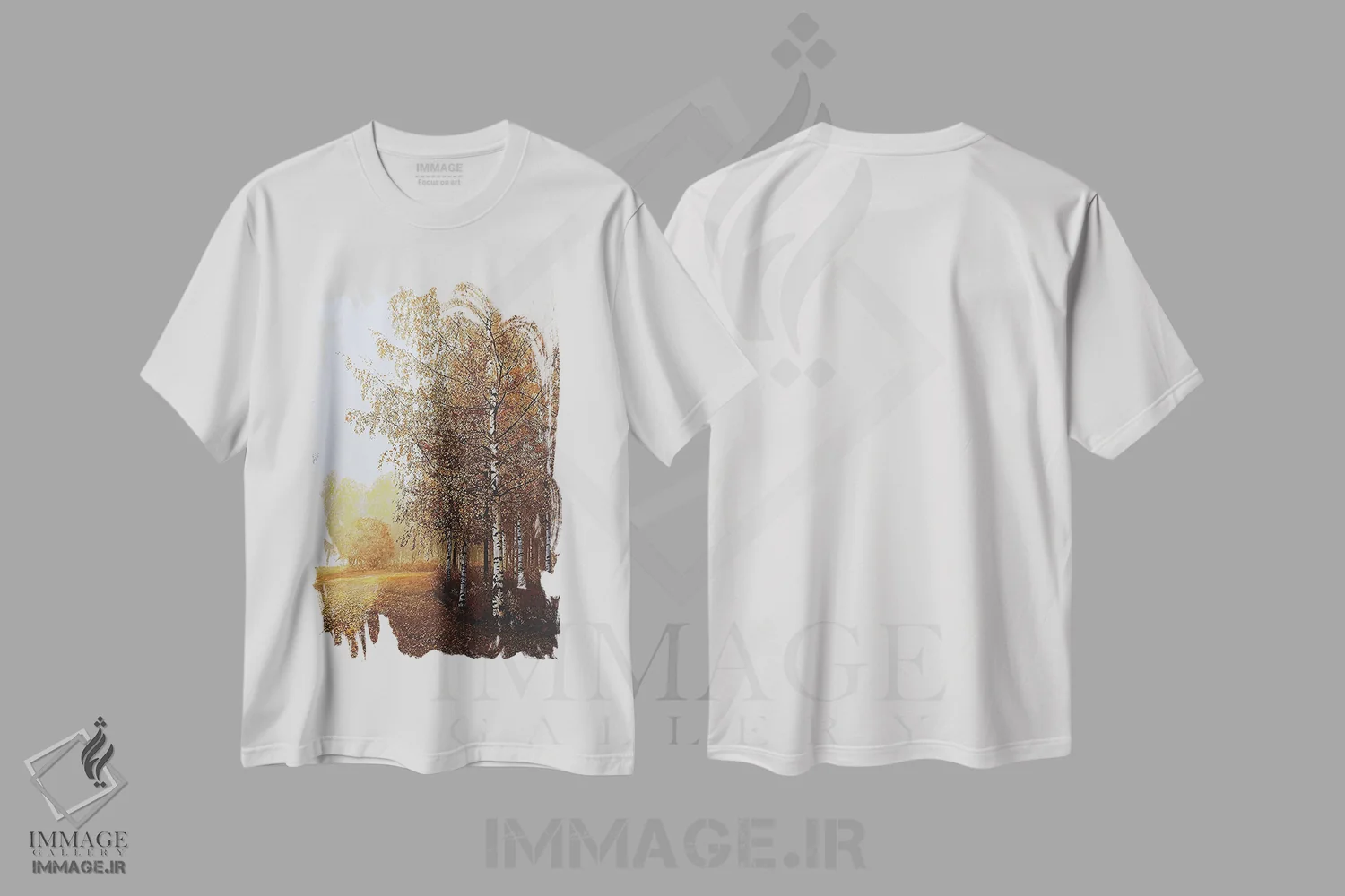 تیشرت سفید طرح دار چشم انداز طلایی، مدیوم اثر شارلوت ادر | فروشگاه ایماژ