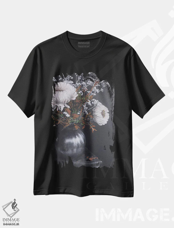 تیشرت مشکی طرح دار طبیعت بی جان، مدیوم اثر شارلوت ادر | فروشگاه ایماژ