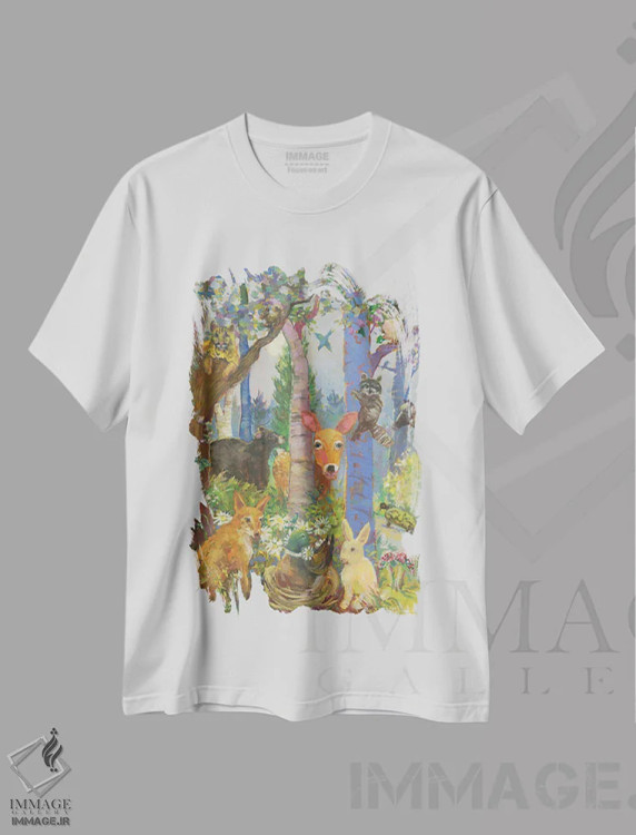 تیشرت سفید طرح دار حیوانات جنگل، تزئینی اثر کترین ام الیوت | فروشگاه ایماژ
